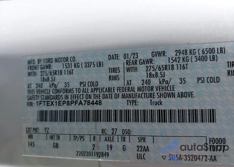 2023 Ford F-150 Xl z USA, uszkodzony, nr VIN 1FTEX1EP8PFA78448